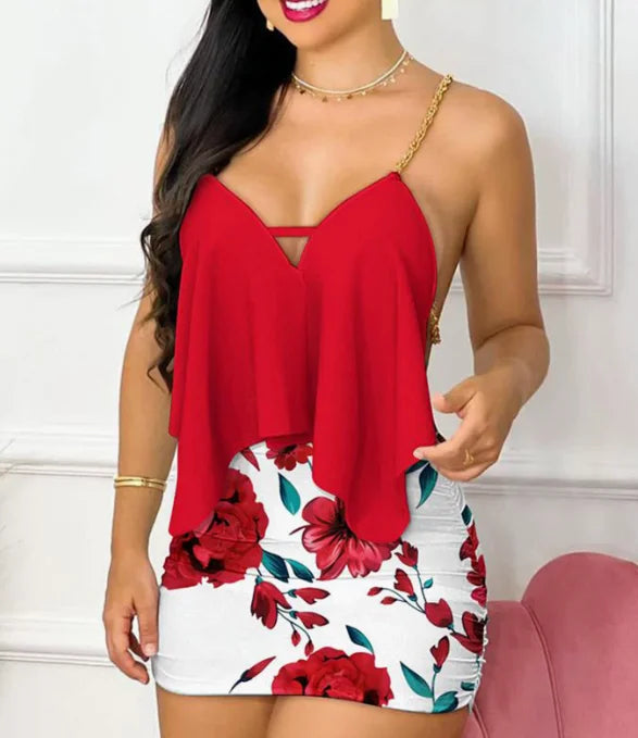 Womens Dresses Summer Fashion Floral Print Asymmetrical Chain Strap Sexy Backless V-Neck Sleeveless Bodycon Mini Dress Sets 2025 Good Vibrations