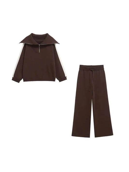 Women's Fashion Two-Piece Set with Side-Stripped Knit Sweater And High-Elastic Waist Straight Pants Female Casual Outfit Good Vibrations