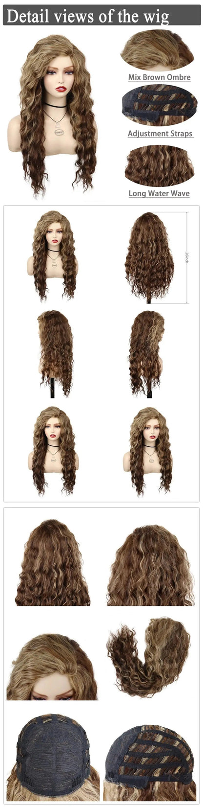 GNIMEGIL Synthetic Long Wave Cur Wigs Female Natural Brown Wig with Clip Free Part Side Bangs 80s Curly Wigs for Women Ombre Wig Good Vibrations