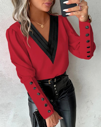 Office Ladies V-neck Button Shirt Blouse Spring Autumn Fashion Color Matching Long Sleeve Shirts For Women 2024 White Tops Femme Good Vibrations