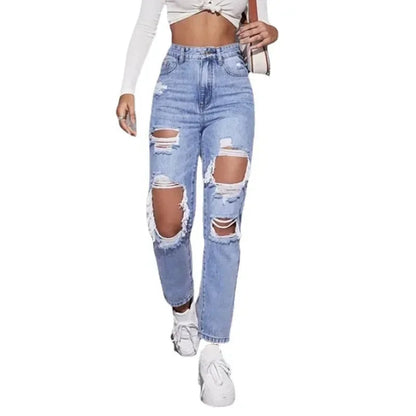 Hole High Waist Mom Jeans Women Flare Pants Denim Autumn 2025 Casual Long Streetwear Slim Fit Trousers Capris Baggy Jeans Good Vibrations