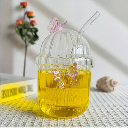 1PCS 400ML Drinking Glass Cup Set with Butterfly Design for Iced Coffee, Juice, Tea & Milk, Perfect Birthday and Holiday Gifts Good Vibrations