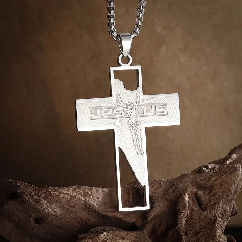 Philippians 4:13 Men's Simple Cross Pendant Necklace Stainless Steel Religious Amulet Jewelry Unisex Bijoux Good Vibrations