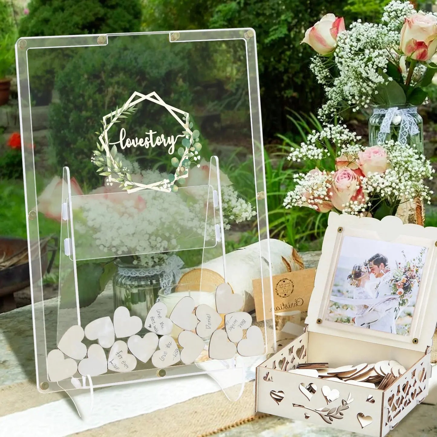 Acrylic Wedding Guest Book Alternative Guest Book Wedding Reception Guest Book Drop Box with Stand 100 Wooden Hearts for Supply Good Vibrations