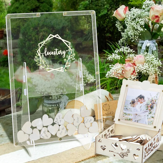 Acrylic Wedding Guest Book Alternative Guest Book Wedding Reception Guest Book Drop Box with Stand 100 Wooden Hearts for Supply Good Vibrations