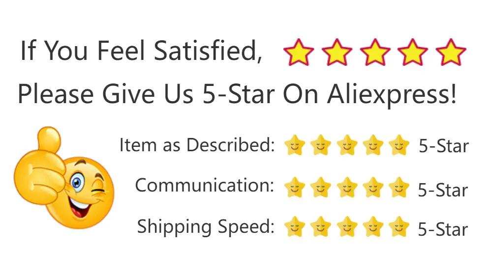 Five-star rating with winking face emoji, encouraging positive reviews on AliExpress.