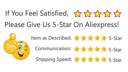 Five-star rating with winking face emoji, encouraging positive reviews on AliExpress.