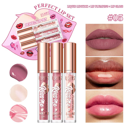 USHAS 3 Pcs/Set Lip Gloss Set, Matte and Glossy Lip Glaze Suit, 3 Different Colors in 1 Set, Perfect Gift for Girls&Women Good Vibrations