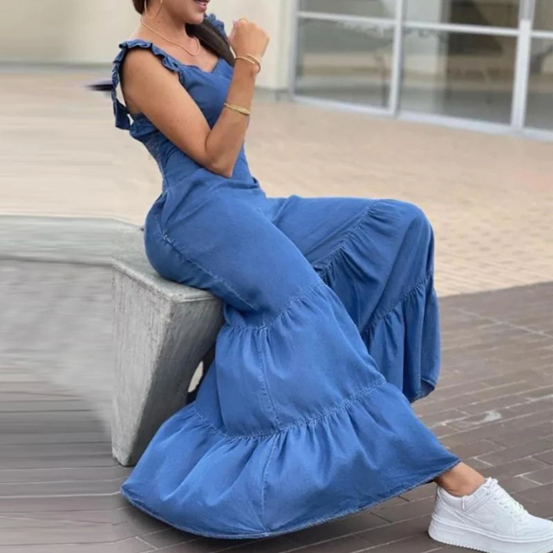 Women Solid Imitation Denim Jumpsuits Spring V Neck High Waist Straight Playsuits Summer Backless Wide Leg Pleated Pants Rompers - Good Vibrations
