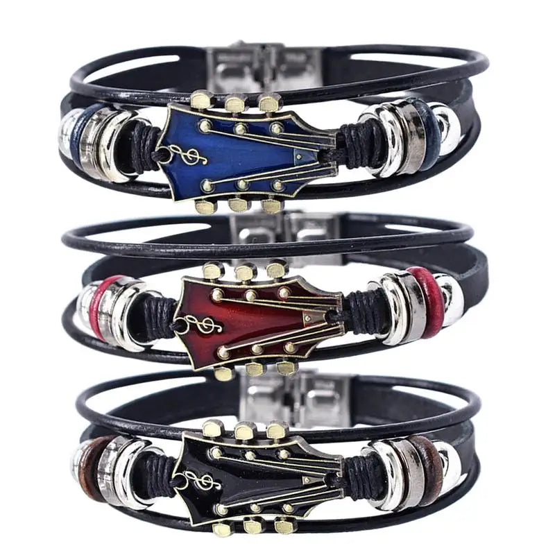 Punk Style Braided Guitar Bracelet Zinc Alloy Adjustable Buckle Manual Woven Faux Leather 3-Layered Punk Retro Wrist Jewelry Good Vibrations