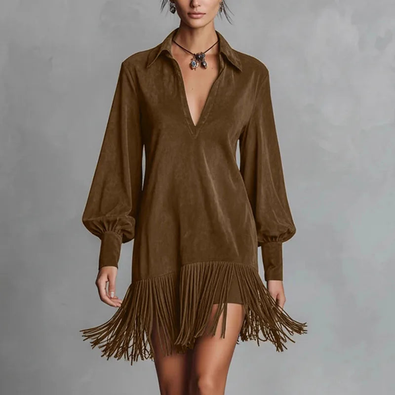Spring Retro Solid Imitation Suede Tassel Dress Woman Sexy Lapel Hollow A-Line Mini Dress Autumn Long Sleeve Elegant Party Dress Good Vibrations