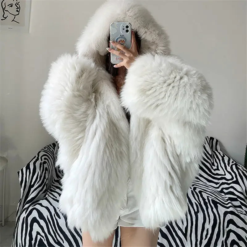 Faux Fur Jackets for Women Autumn Winter Short Bat Maxi Hooded Coats Warm Thick Coat Loose Open Stitch Jacket Y2k Streetwear Good Vibrations
