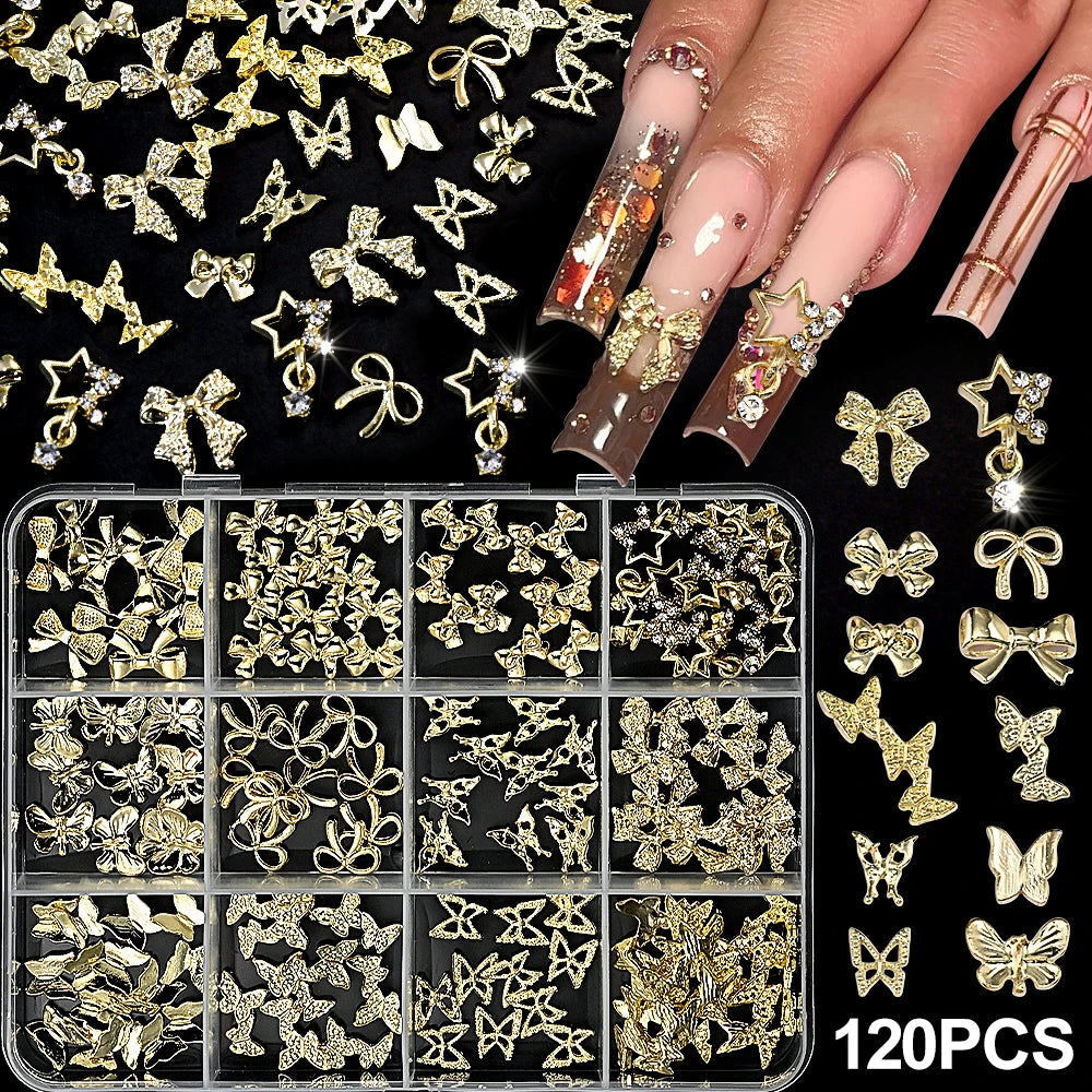 120pcs/box 3D Gold Bow Butterfly Nail Metal Charms Shiny Cute Bowtie/Diamond Star Nail Jewelry 120 Luxury Nail Art Supplies #RE4 Good Vibrations