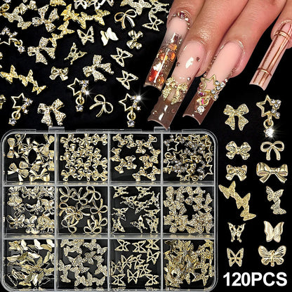 120pcs/box 3D Gold Bow Butterfly Nail Metal Charms Shiny Cute Bowtie/Diamond Star Nail Jewelry 120 Luxury Nail Art Supplies #RE4 Good Vibrations