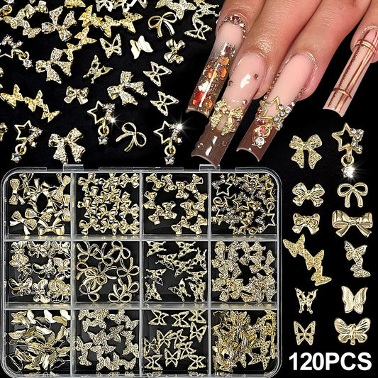 120pcs/box 3D Gold Bow Butterfly Nail Metal Charms Shiny Cute Bowtie/Diamond Star Nail Jewelry 120 Luxury Nail Art Supplies #RE4 Good Vibrations