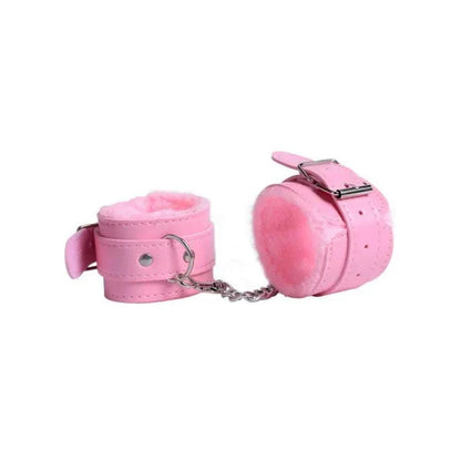 Soft pink plush SM handcuffs with chain; adult BDSM bondage restraints for couples.