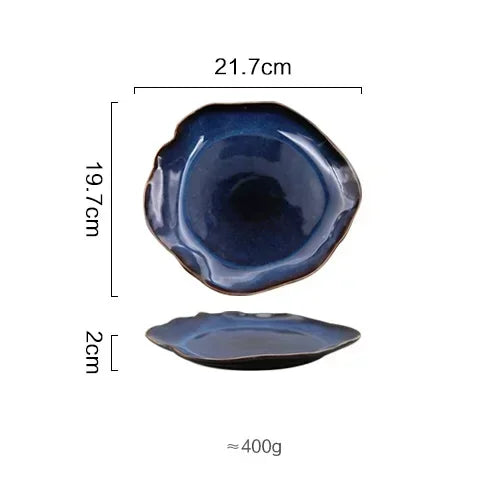 Ceramic Plates Deep Blue Irregular Flat Plate Pottery Dish Household Decoration Tableware Dinnerware Tray Hotel Kitchen Supplies Good Vibrations