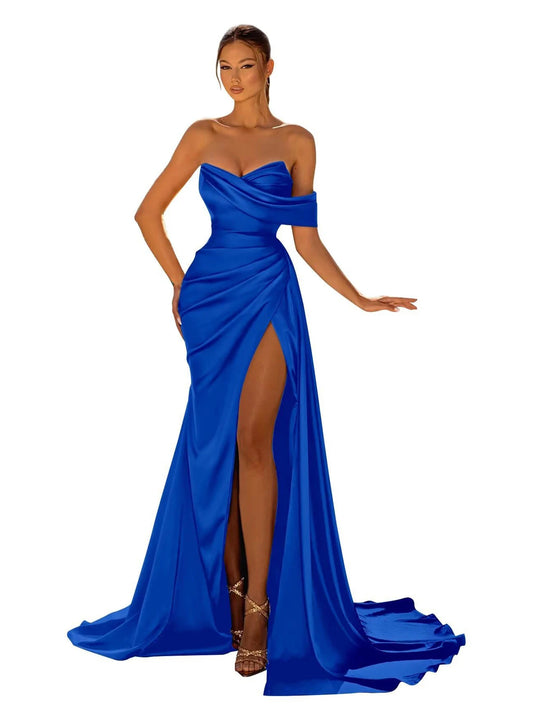Long Mermaid Prom Dresses Satin with Slit Strapless Sweep Train Cocktail Party Formal Evening Gown robe de soiree Good Vibrations