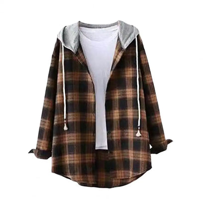 Autumn Women Shirts Hoodie Coat Plaid Print Loose Hooded Long Sleeves Drawstring Cardigan Single-breasted Buttons Spring Jacket Good Vibrations