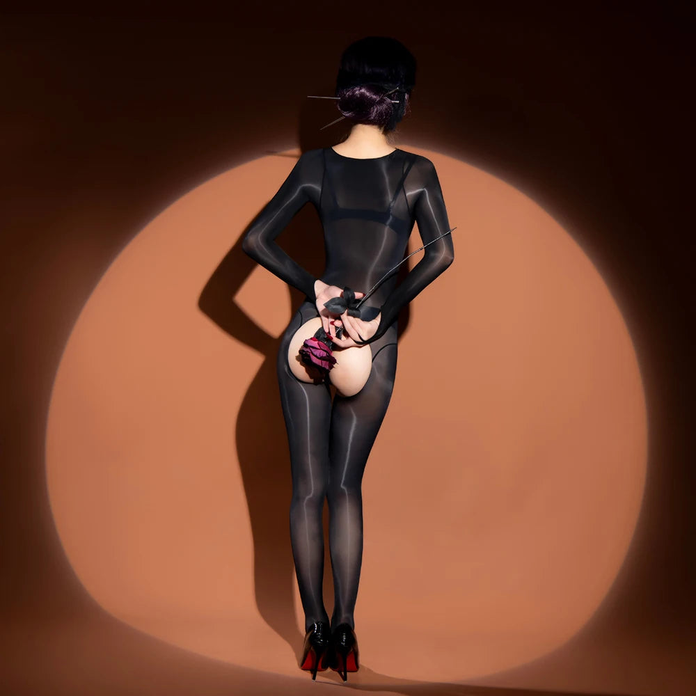 Shiny High Cut Patchwork Hook Finger Bodystocking Nylon Catsuit Close Open Crotch Bodysuit Tight Sexy Leotard Conjoined Lingerie GOOD Vibrations