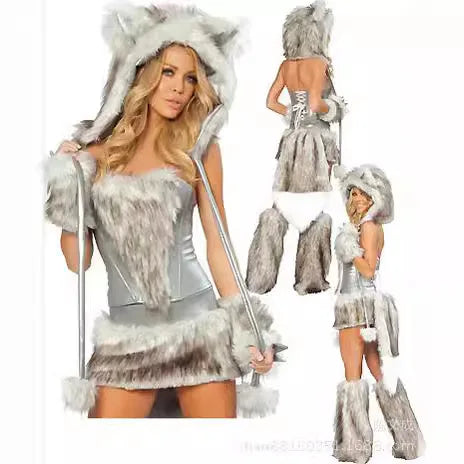 Halloween Costume Woman Sexy Animals Bunny White Leopard Fox Roleplay Outfit Hooded Dress with Tail Carnival Cosplay Party Good Vibrations