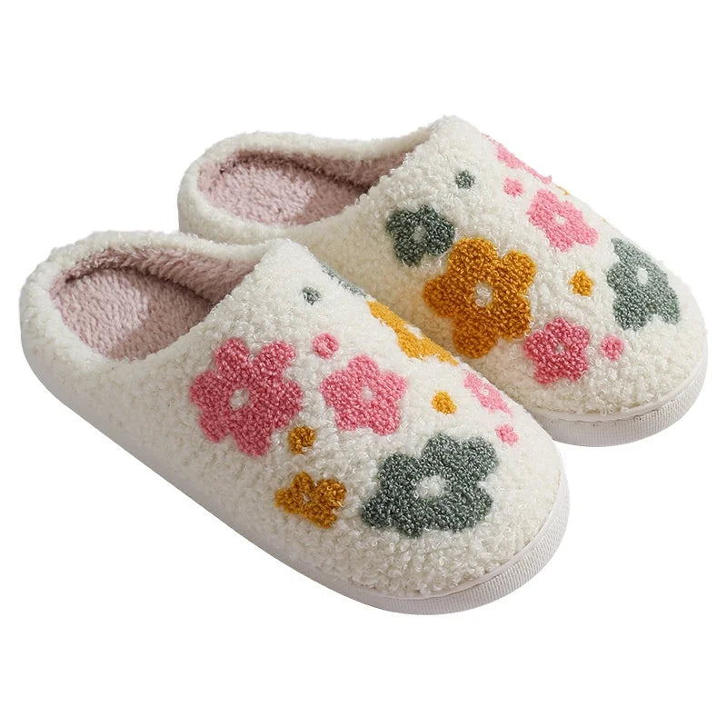 Women's Lovely Pretty Bow Flowers Slippers Men Cartoon Soft Warm Sandals Females Cute Plush Cotton Flat Slides For Autumn Winter Good Vibrations