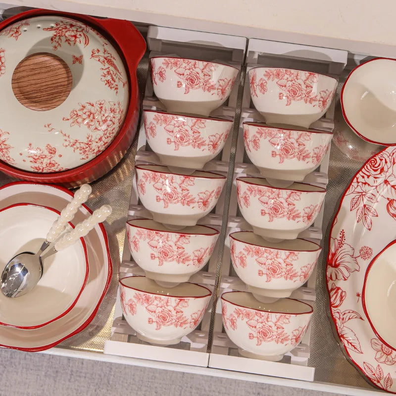 1Set New Luxury Red Rose Ceramic Tableware Household Bowl Spoon Plate Dinner Dinsh Kitchen Cutlery Home Decor Good Vibrations