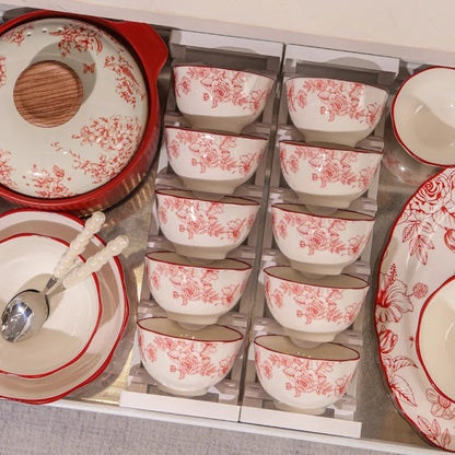 1Set New Luxury Red Rose Ceramic Tableware Household Bowl Spoon Plate Dinner Dinsh Kitchen Cutlery Home Decor Good Vibrations