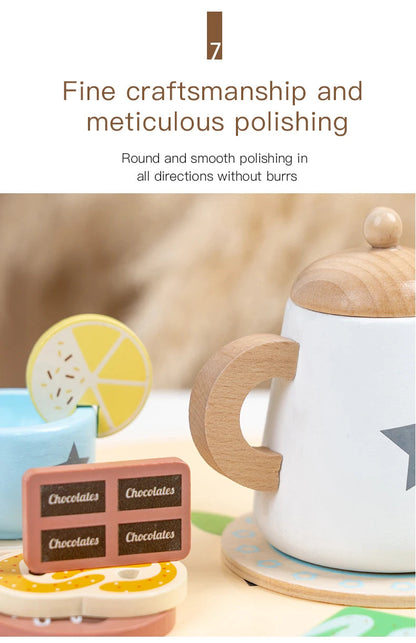 Wooden Kitchen Play Toys Kitchen Simulation Tea Set Afternoon Tea Activity Games Pretend Play Kitchen Accessories Toy for Kids Good Vibrations