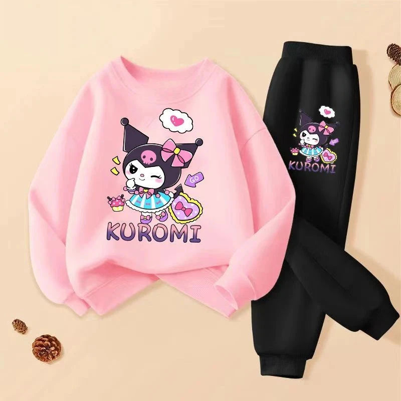 SANRIO Spring Autumn Children Clothing Sets Cartoon Kuromi Print Girls Sweatshirt  2pcs Suit Breathable Thin Kids Tracksuit Good Vibrations