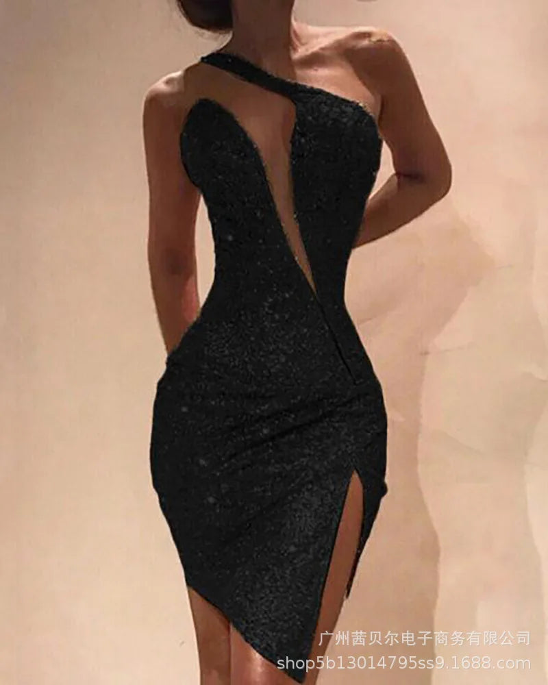 Fashion Sexy Womens Dresses 2023 New One Shoulder Split Dress Womens Sleeveless Dress Good Vibrations