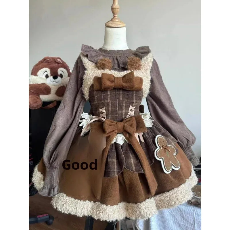 Moka Brown Sweet Christmas Lolita Spliced Cape Set Butterfly Knot Strap Dress Autumn Winter Two Piece Set Floor Length Skirt Good Vibrations