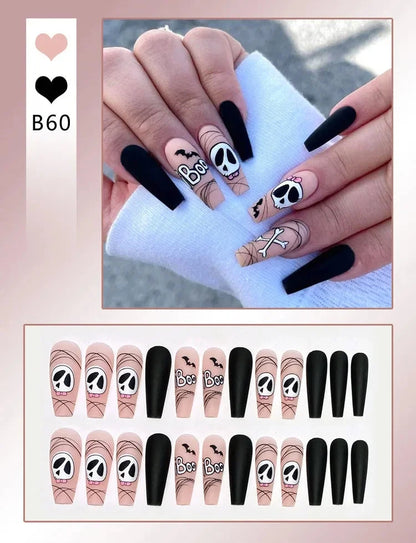 24pcs Halloween Nails Glitter Pink Sequin Fake Nail Patch Scary Skull Love Heart Pattern Artificial Nails Full Cover Wearable Good Vibrations