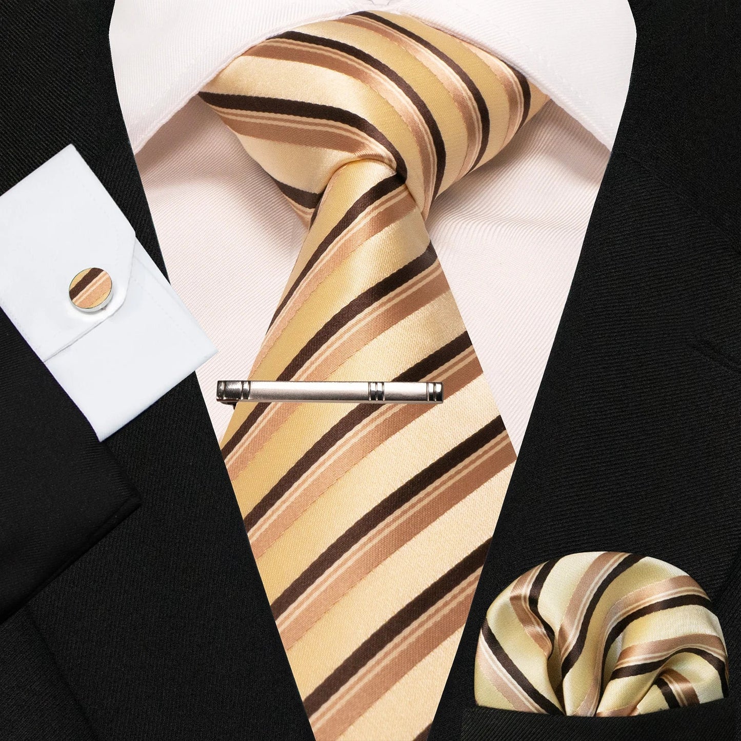8cm Silk Mens Ties Green Black Ties plaid stripe NeckTie Pocket Square Cufflinks Tie clips Set Men's Wedding business Party Tie Good Vibrations
