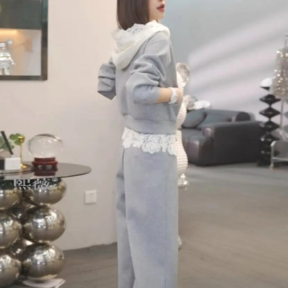 Women's Suit 2025 High-end Splicing Lace Hooded Sweater + Casual Pants Two-piece Set Good Vibrations