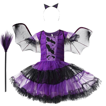 Halloween Costume for Girls Witch Vampire Carnival Party Dress Up Trappings Kids Cosplay Clothes Purple Bat Suit Holiday Gifts Good Vibrations