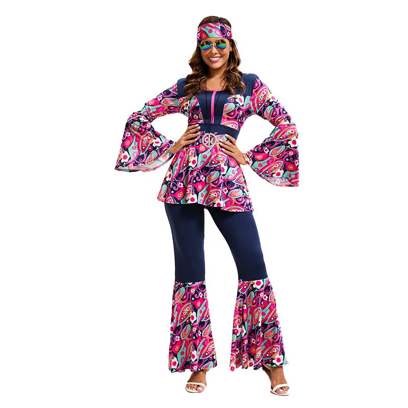 Couple Hippie Disco Costume 70S Vintage Top Pants Headband Dancer Set Carnival Fancy Outfit Indian Primitive Indigenous Clothes Good Vibrations