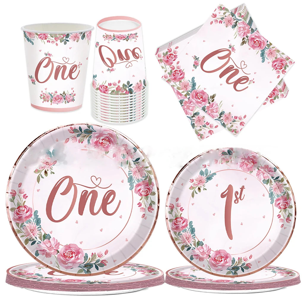Pink Flower One Year Old Birthday Party Disposable Tableware Babyshower Girl Pink Paper Plates Baby Girl 1st Birthday Party Deco