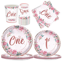 Pink Flower One Year Old Birthday Party Disposable Tableware Babyshower Girl Pink Paper Plates Baby Girl 1st Birthday Party Deco Good Vibrations