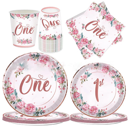 Pink Flower One Year Old Birthday Party Disposable Tableware Babyshower Girl Pink Paper Plates Baby Girl 1st Birthday Party Deco