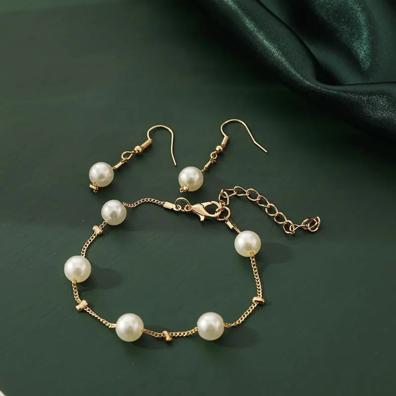 4pcs Gold-color Necklace Earring Bracelet Set Ladies Elegant Imitation-Pearls Collection Temperament Tassel Jewelry Good Vibrations Adult Super Store