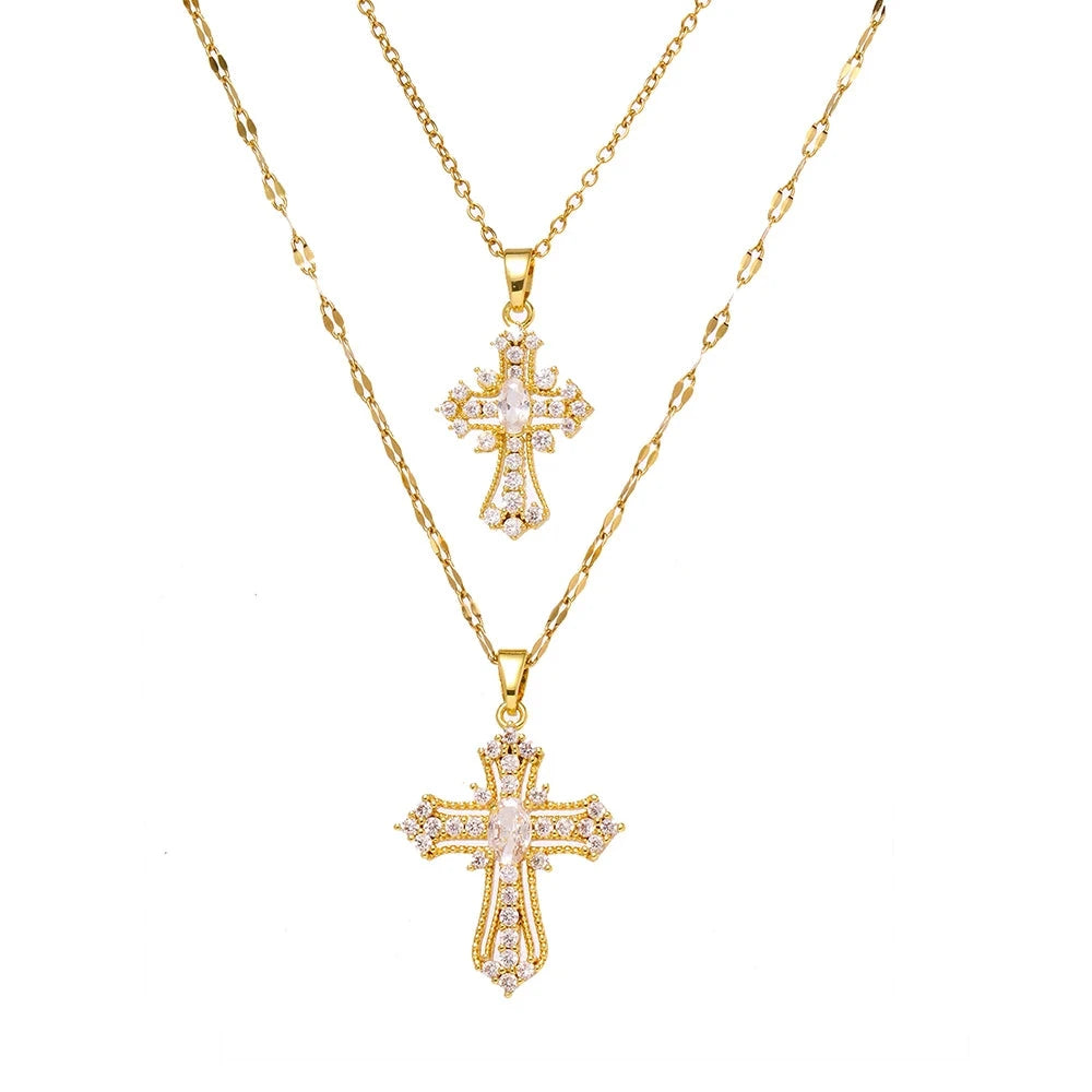 Women's European & American Retro Cross Pendant Necklace Stainless Steel Collarbone Chain Fashionable Light Luxury Jewelry Good Vibrations