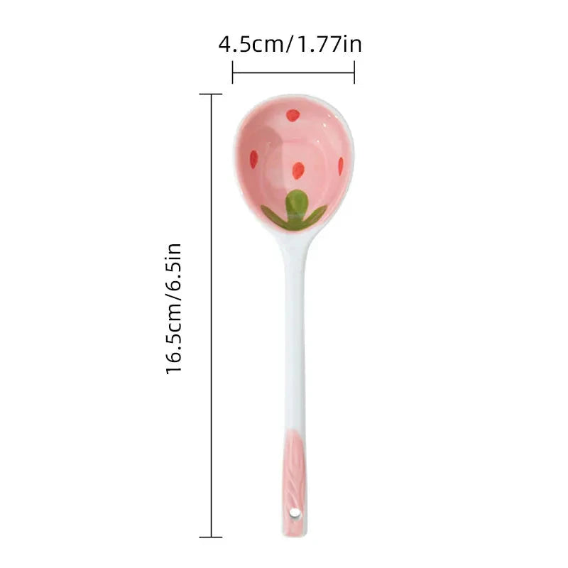 Kawaii Strawberry Ceramic Soup Spoon Cute Korean Ice Cream Hand Painted Coffee Dessert Long Handle Spoon Kitchen Accessories Good Vibrations