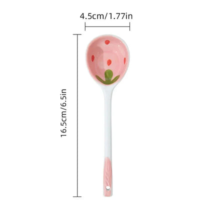Kawaii Strawberry Ceramic Soup Spoon Cute Korean Ice Cream Hand Painted Coffee Dessert Long Handle Spoon Kitchen Accessories Good Vibrations