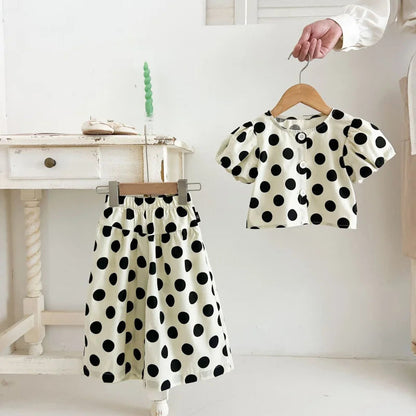 Korean-style new summer girls' outfit: round polka dot short top and loose wide-leg pants two-piece children's clothing set Good Vibrations