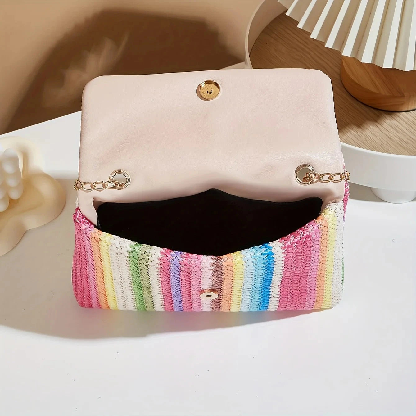 Chic Rainbow Stripe Straw Crossbody Bag for Women Adjustable Shoulder Strap Magnetic Closure Tassel Accent, Fashion Square Purse Good Vibrations
