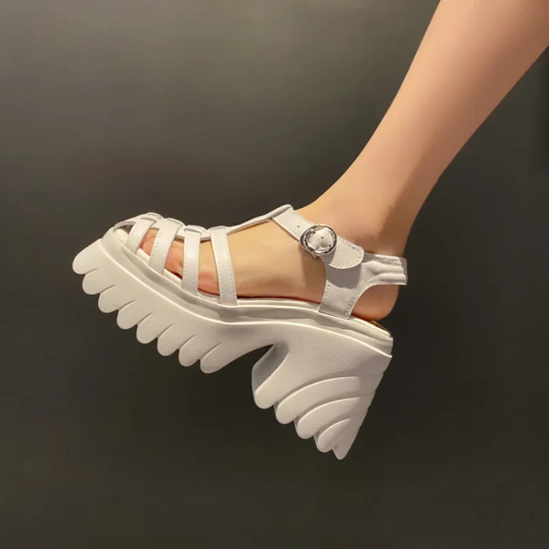 Womens Roman Sandals Hollow High Heel Thick Bottom Gladiator Sandals Womens Buckle Womens Shoes Non-slip Outdoor Beach Shoes Good Vibrations