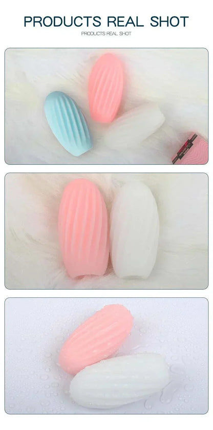 Male masturbator cup with soft textured design in various colors, realistic and waterproof adult toy for men.