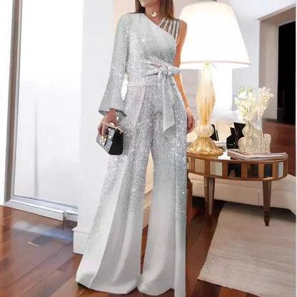 Elegant Two 2 Piece Sets Women Outfits Off-the-shoulder Sequin Tops and High-waisted Plus-size Wide-leg Pants Set Women's Set Good Vibrations