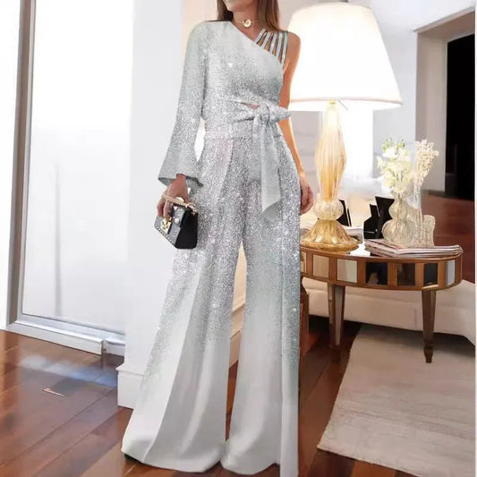 Elegant Two 2 Piece Sets Women Outfits Off-the-shoulder Sequin Tops and High-waisted Plus-size Wide-leg Pants Set Women's Set Good Vibrations